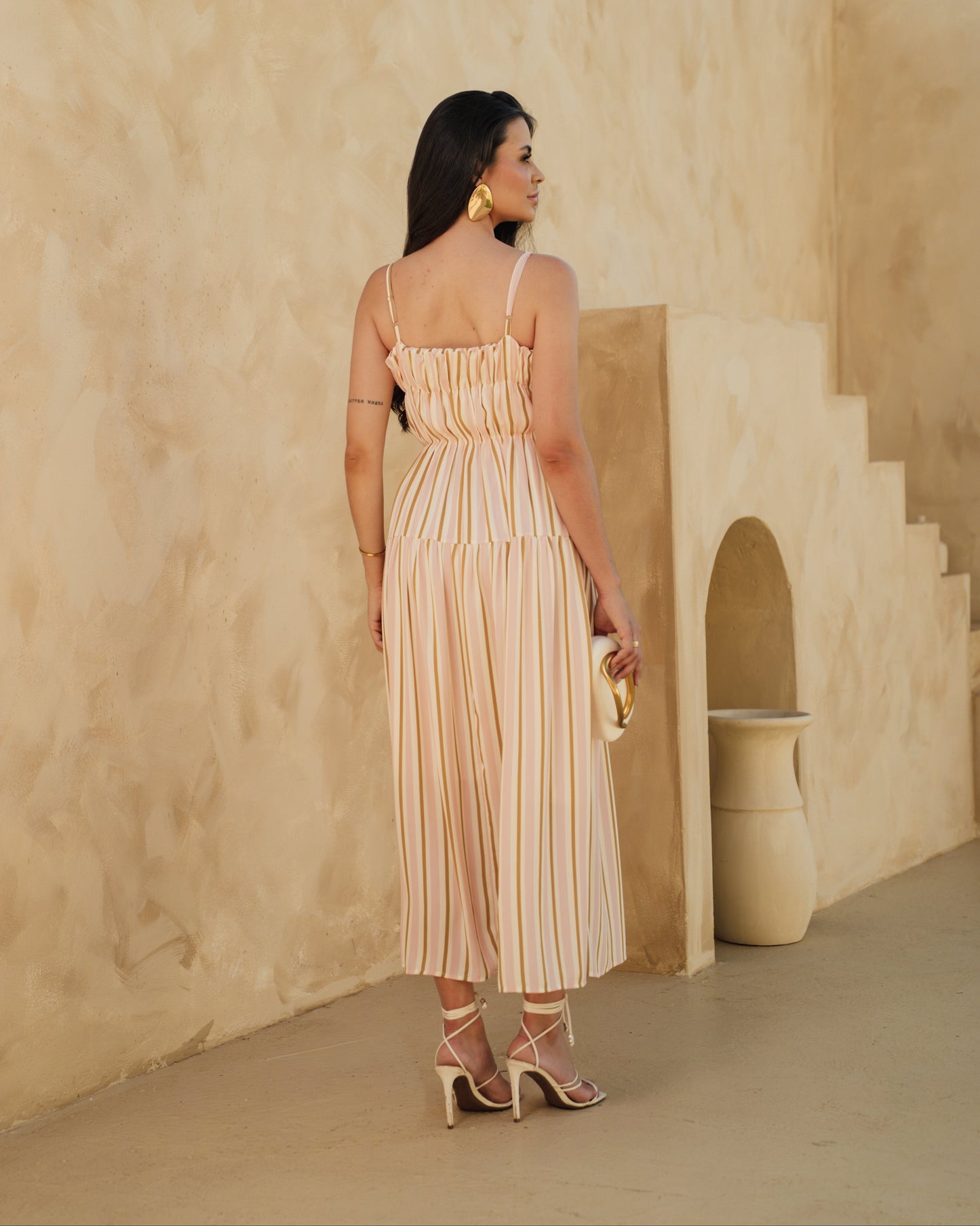 Vestido Midi Listrado Alça Fina Com Detalhes De Franzido No Busto 92660