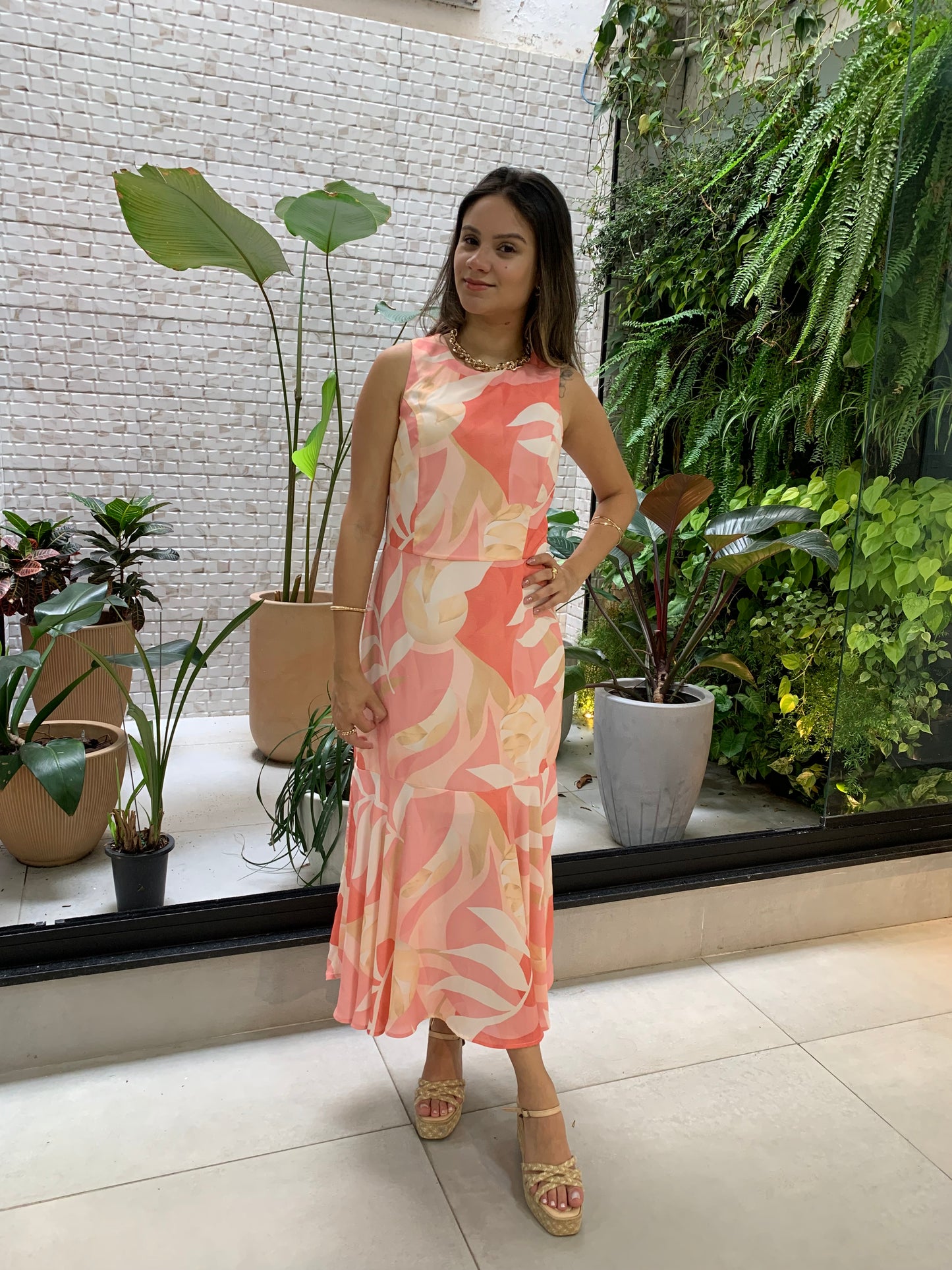 Vestido Midi Acinturado Folhas 90213