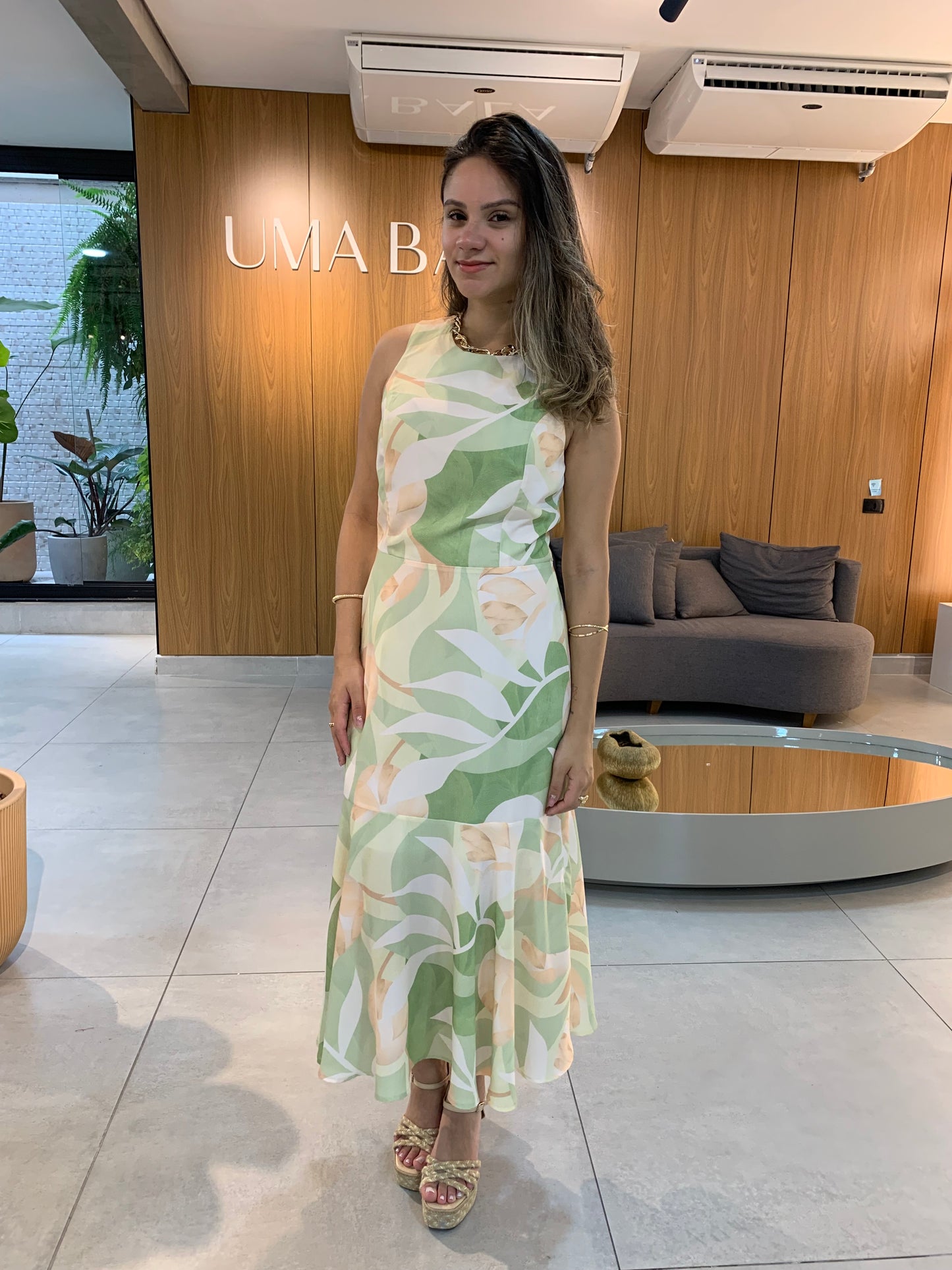 Vestido Midi Acinturado Folhas 90213