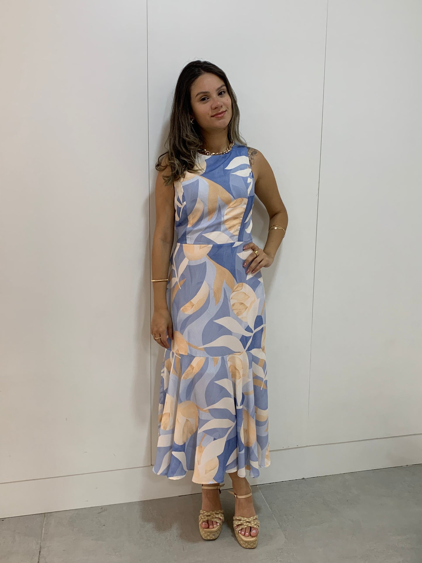Vestido Midi Acinturado Folhas 90213