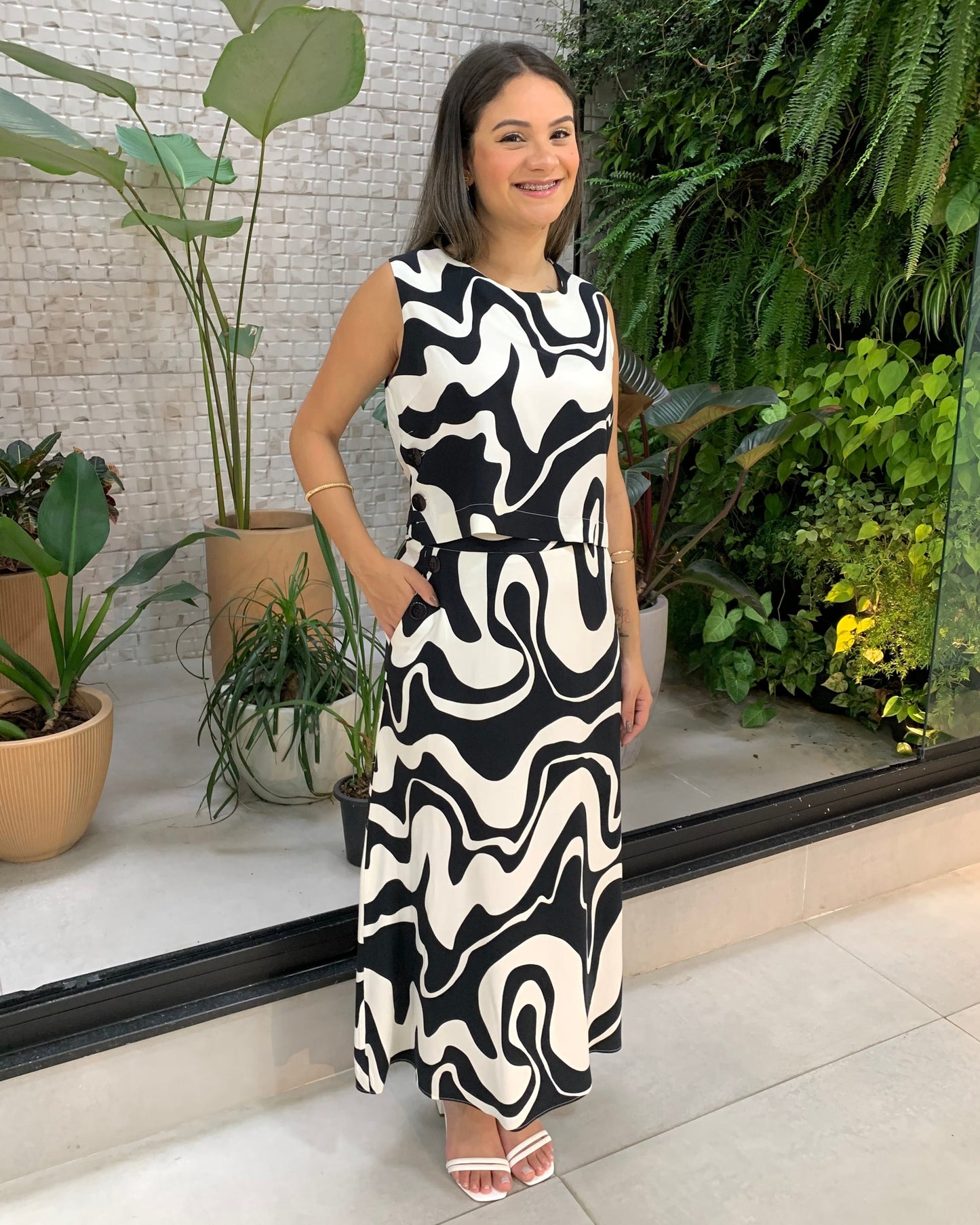 Conjunto Cropped e Saia Estampado 90370