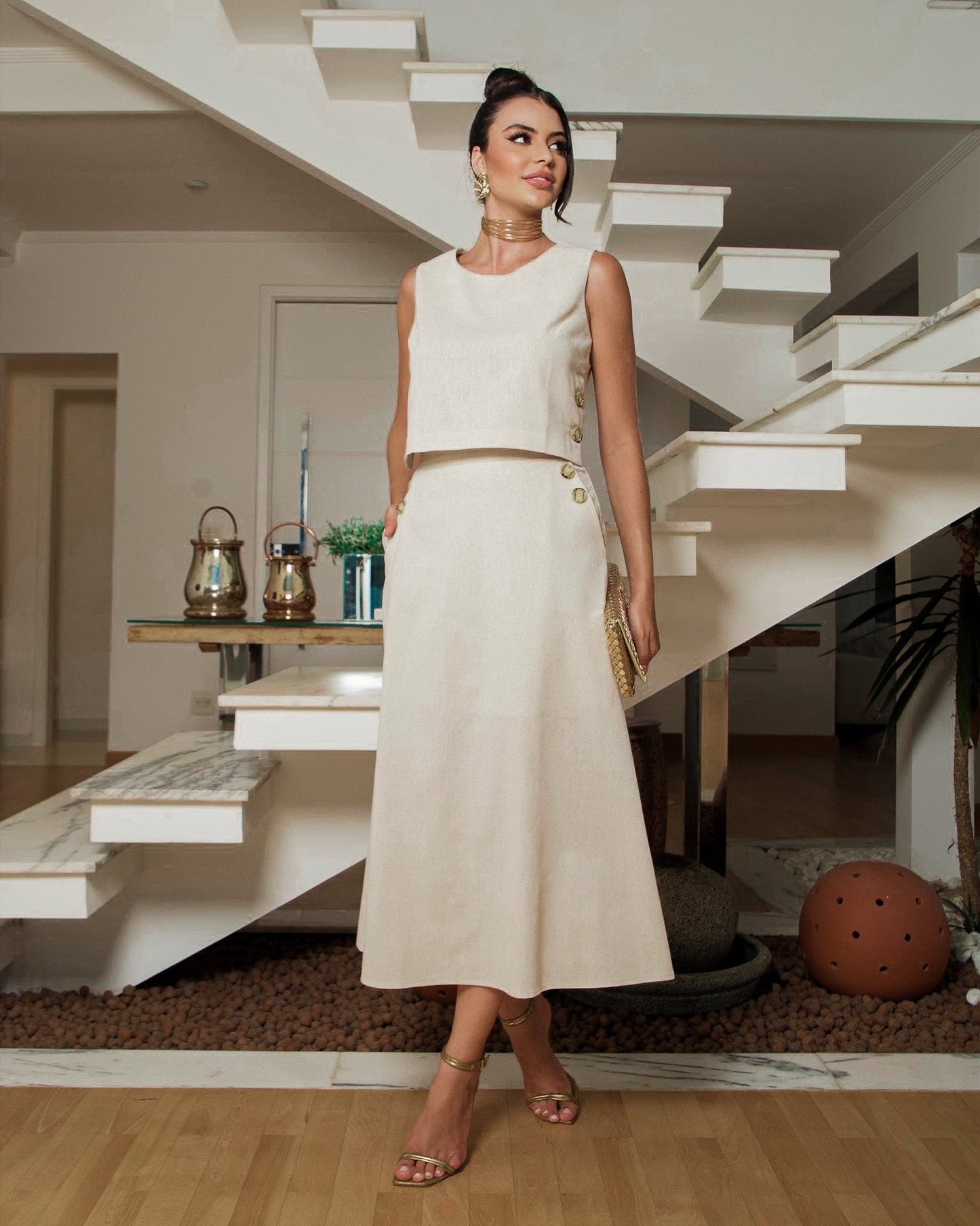 Conjunto de Linho Cropped com Saia 09037