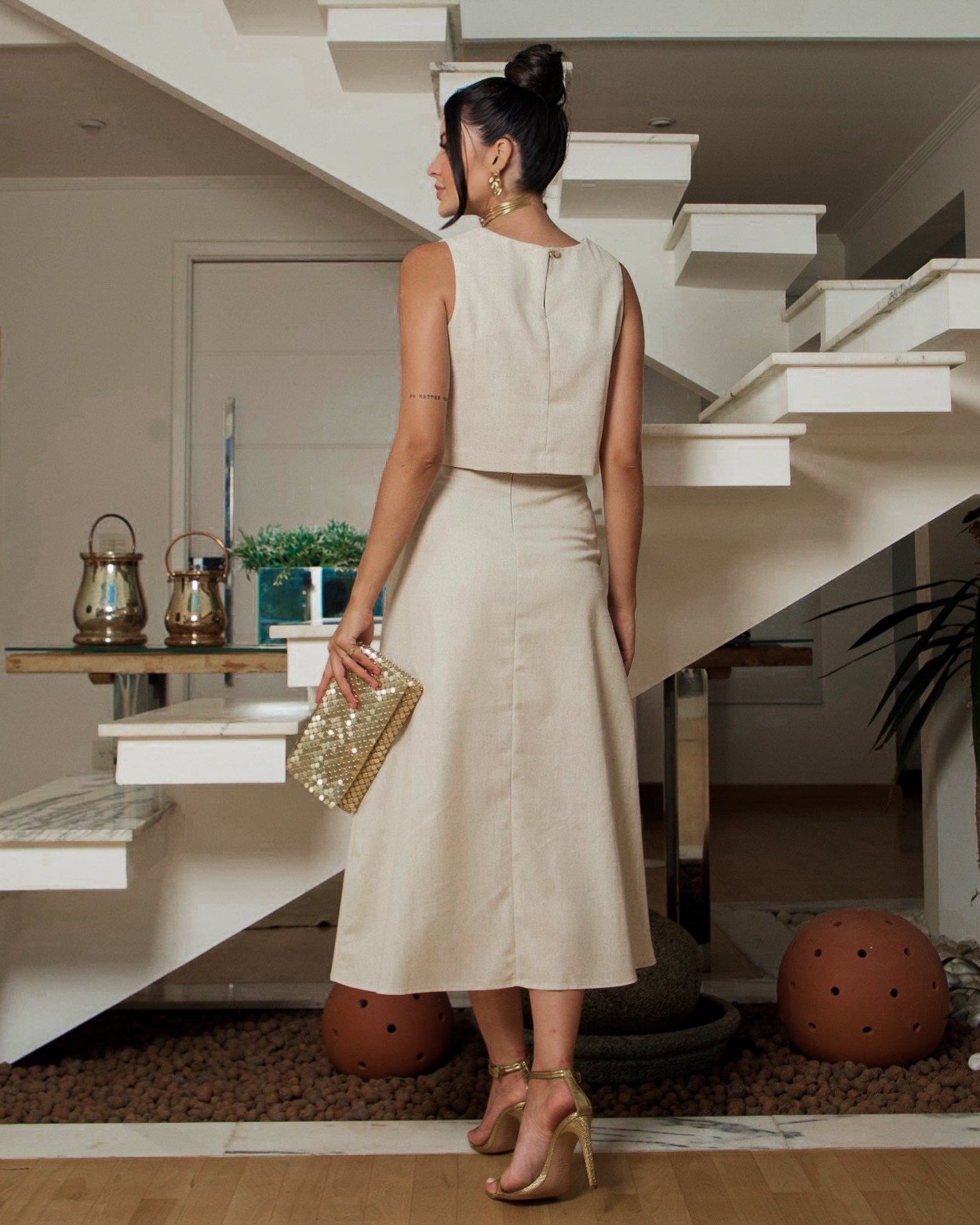 Conjunto de Linho Cropped com Saia 09037