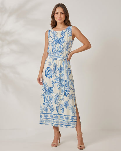 Vestido Estampado Gola Redonda Com Elastico Na Cintura 91924