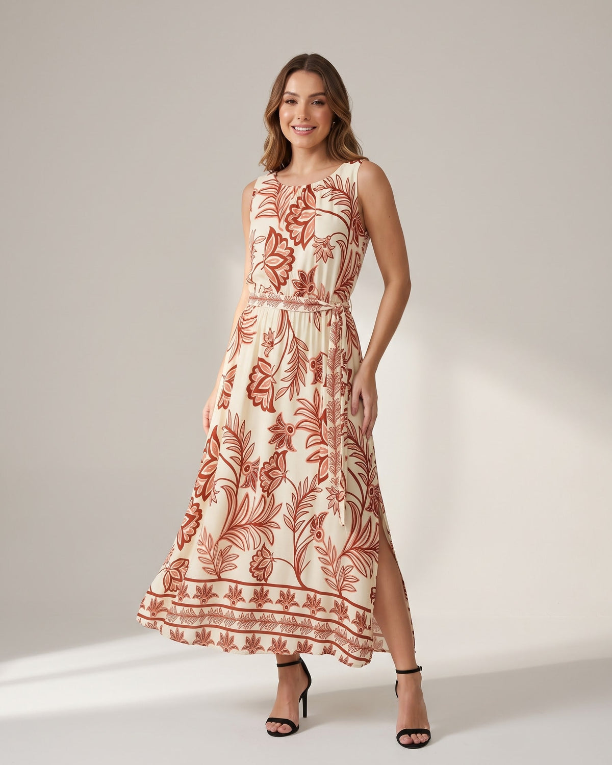 Vestido Estampado Gola Redonda Com Elastico Na Cintura 91924