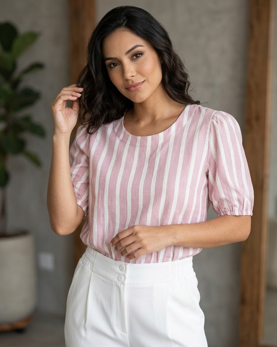 Blusa Listrada Com Manga Bufante E Gola Alta 92700