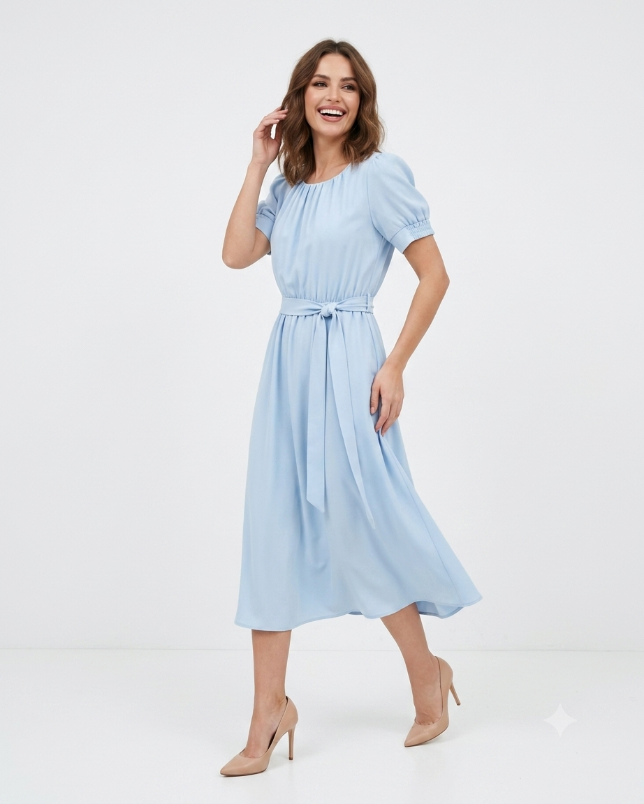 Vestido Com Manga Bufante E Detalhe Na Cintura 92630