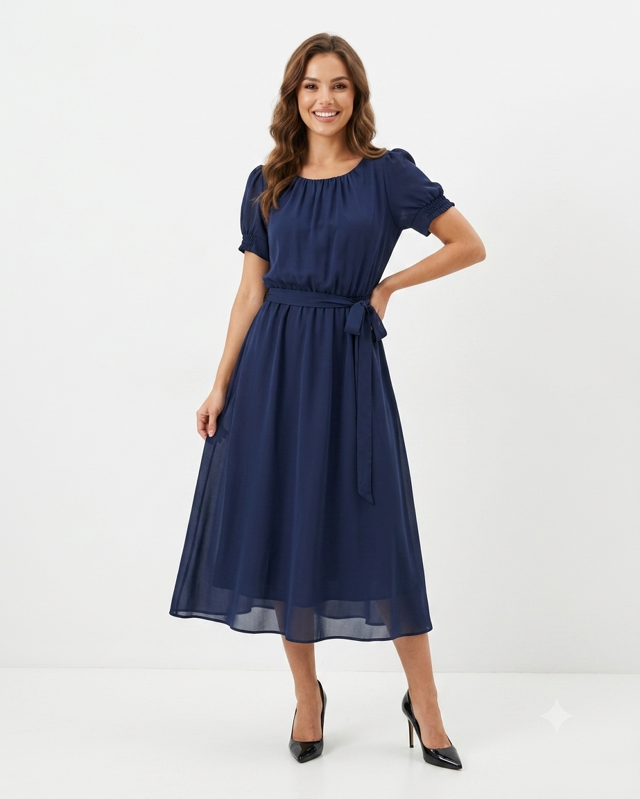 Vestido Com Manga Bufante E Detalhe Na Cintura 92630
