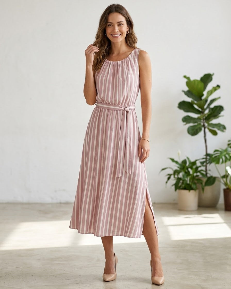 Vestido Listrado Gola Redonda Com Elástico Na Cintura 91922