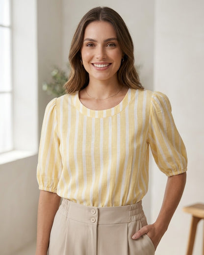Blusa Listrada Com Manga Bufante E Gola Alta 92700