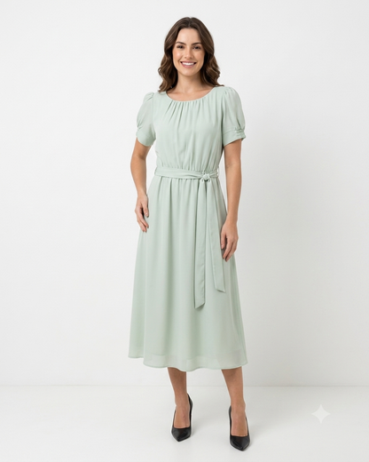 Vestido Com Manga Bufante E Detalhe Na Cintura 92630