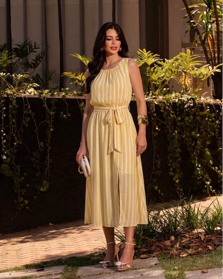 Vestido Listrado Gola Redonda Com Elástico Na Cintura 91922