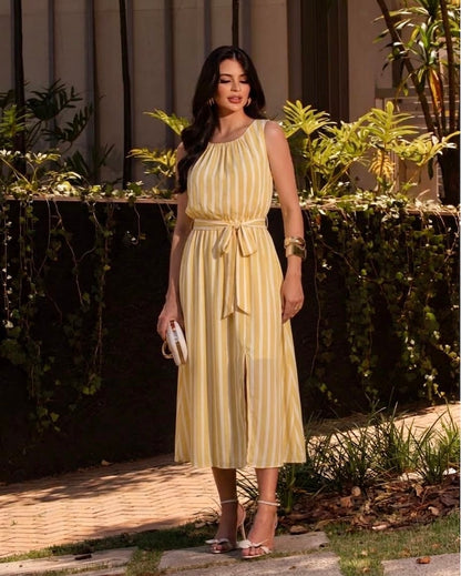 Vestido Listrado Gola Redonda Com Elástico Na Cintura 91922