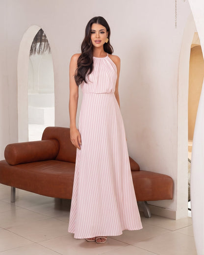 Vestido Longo Listrado De Crepe Alça Fina 47970