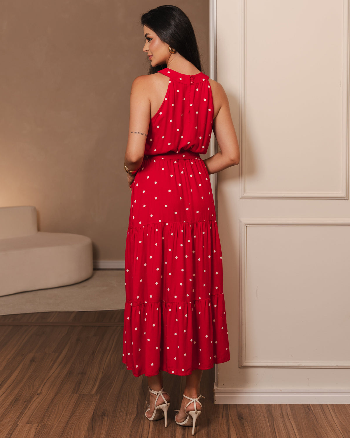 Vestido Midi De Poá Com Saia Em Camadas 92641