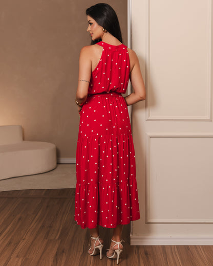 Vestido Midi De Poá Com Saia Em Camadas 92641