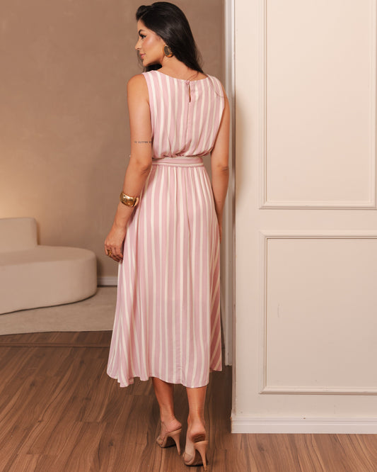 Vestido Listrado Gola Redonda Com Elástico Na Cintura 91922