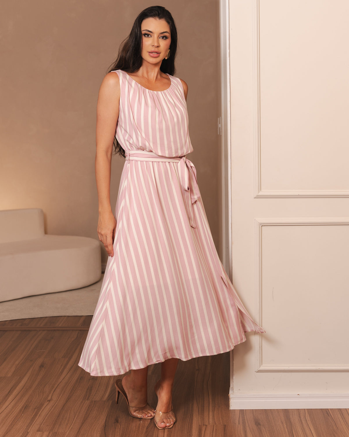 Vestido Listrado Gola Redonda Com Elástico Na Cintura 91922