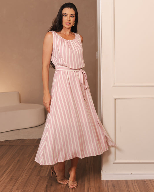 Vestido Listrado Gola Redonda Com Elástico Na Cintura 91922