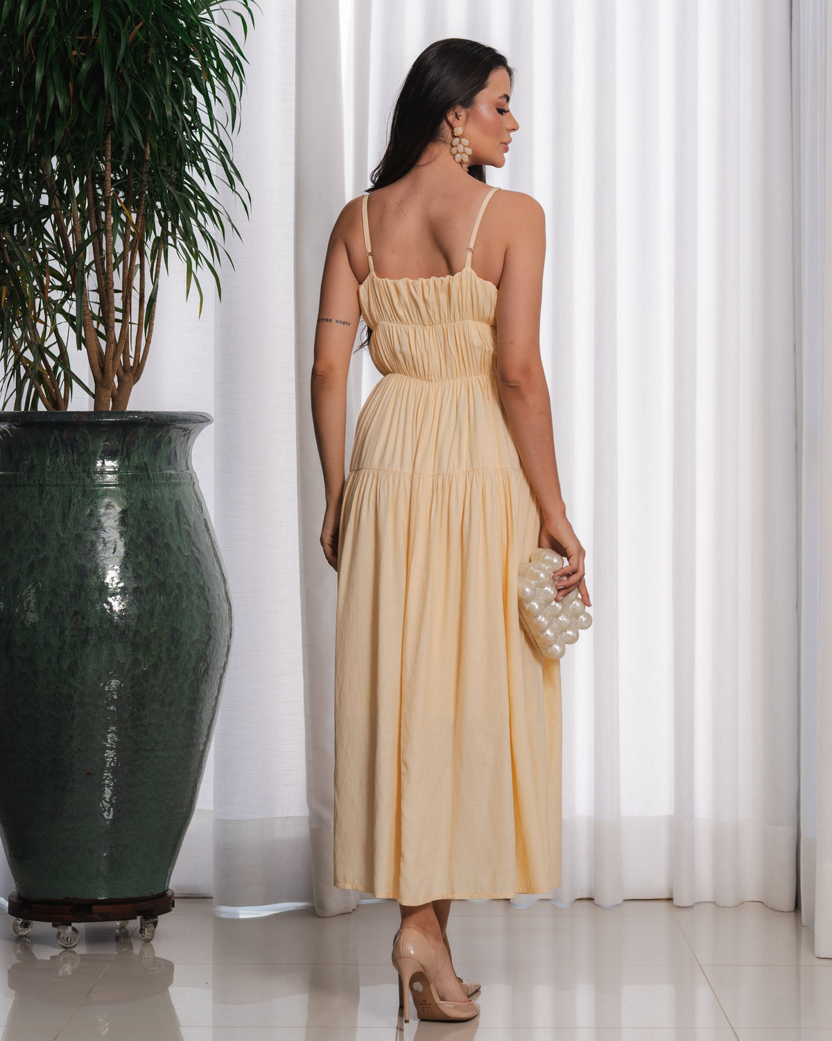 Vestido Midi Liso Alça Fina Com Detalhes De Franzido No Busto 92661