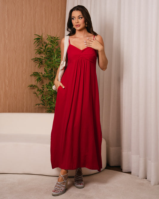 Vestido Liso Midi Com Decote V E Alça Fina 92711