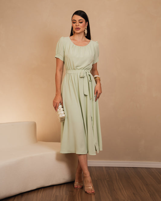 Vestido Com Manga Bufante E Detalhe Na Cintura 92630