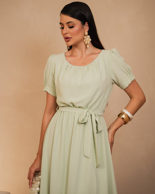 Vestido Com Manga Bufante E Detalhe Na Cintura 92630