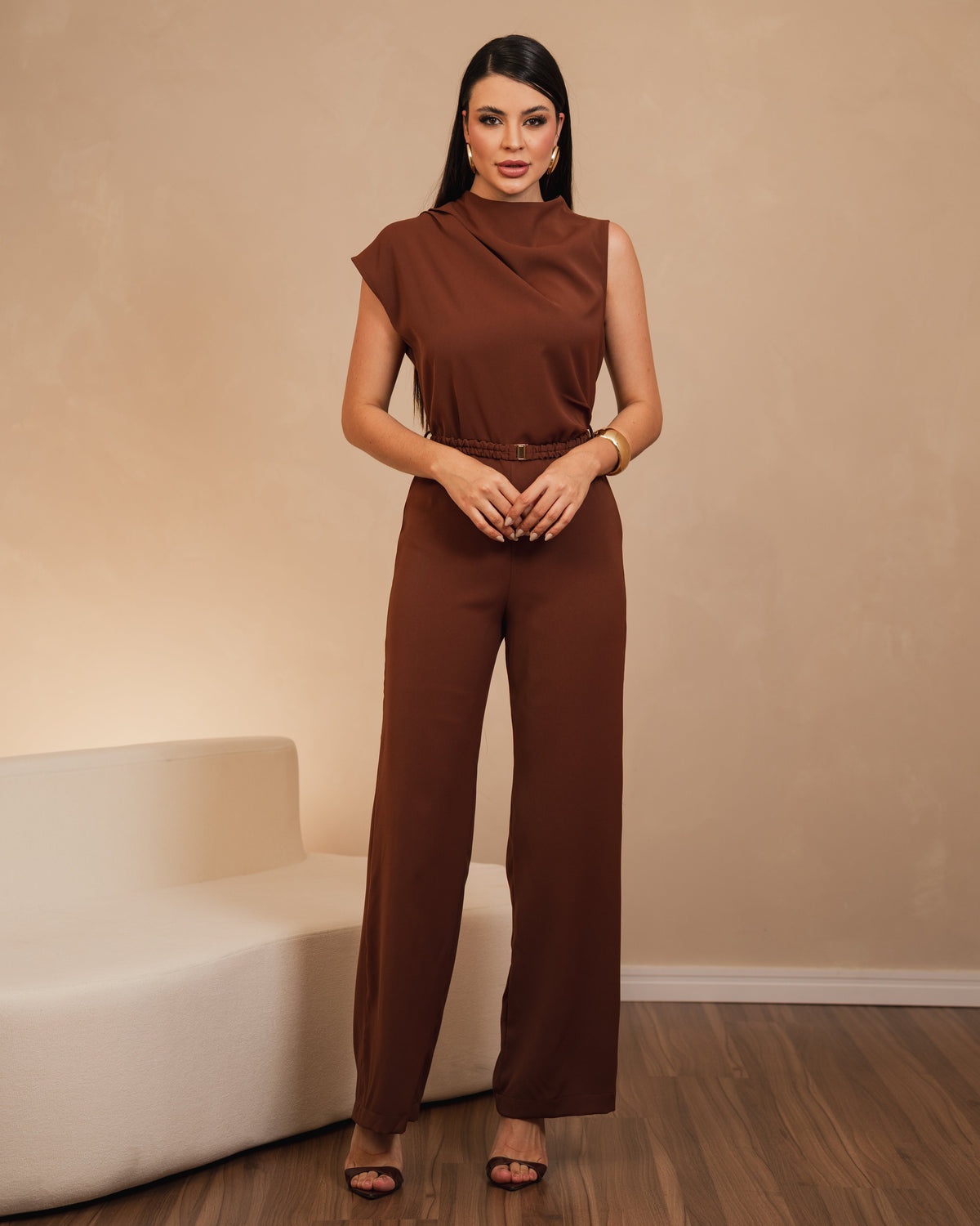 Macacão Pantalona Com Decote de Gola Boba Drapeada 92600