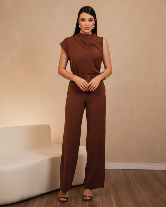 Macacão Pantalona Com Decote de Gola Boba Drapeada 92600