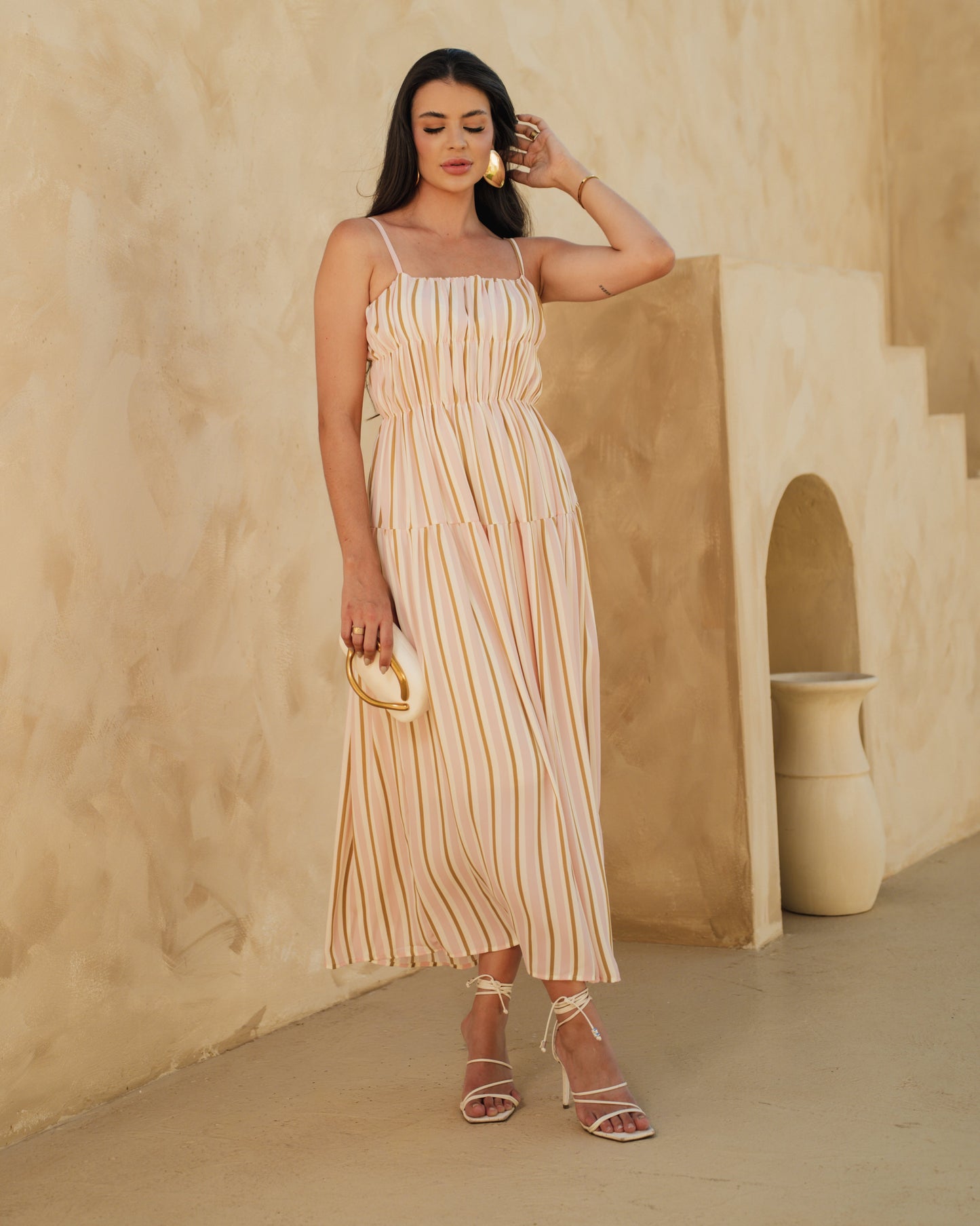 Vestido Midi Listrado Alça Fina Com Detalhes De Franzido No Busto 92660