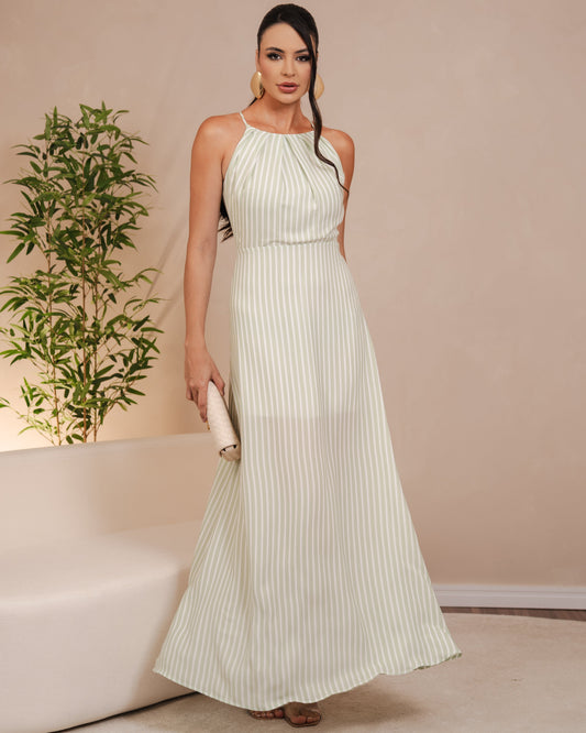 Vestido Longo Listrado De Crepe Alça Fina 47970