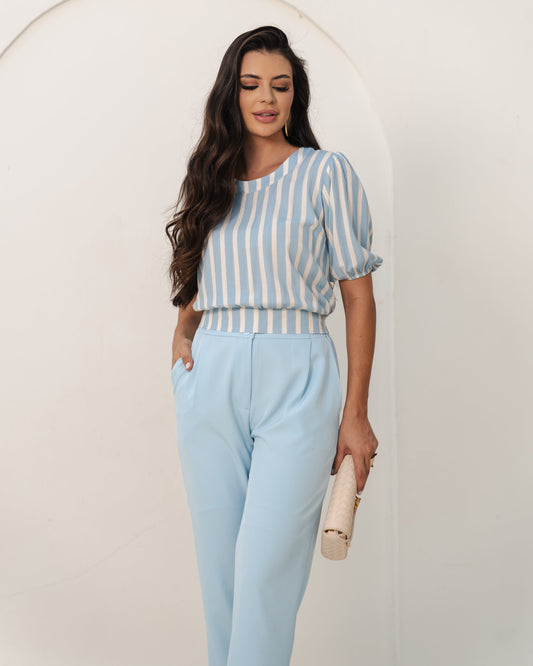 Blusa Listrada Com Manga Bufante E Gola Alta 92700