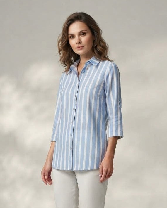 Camisa Listrada De Viscose Manga 7/8 49760