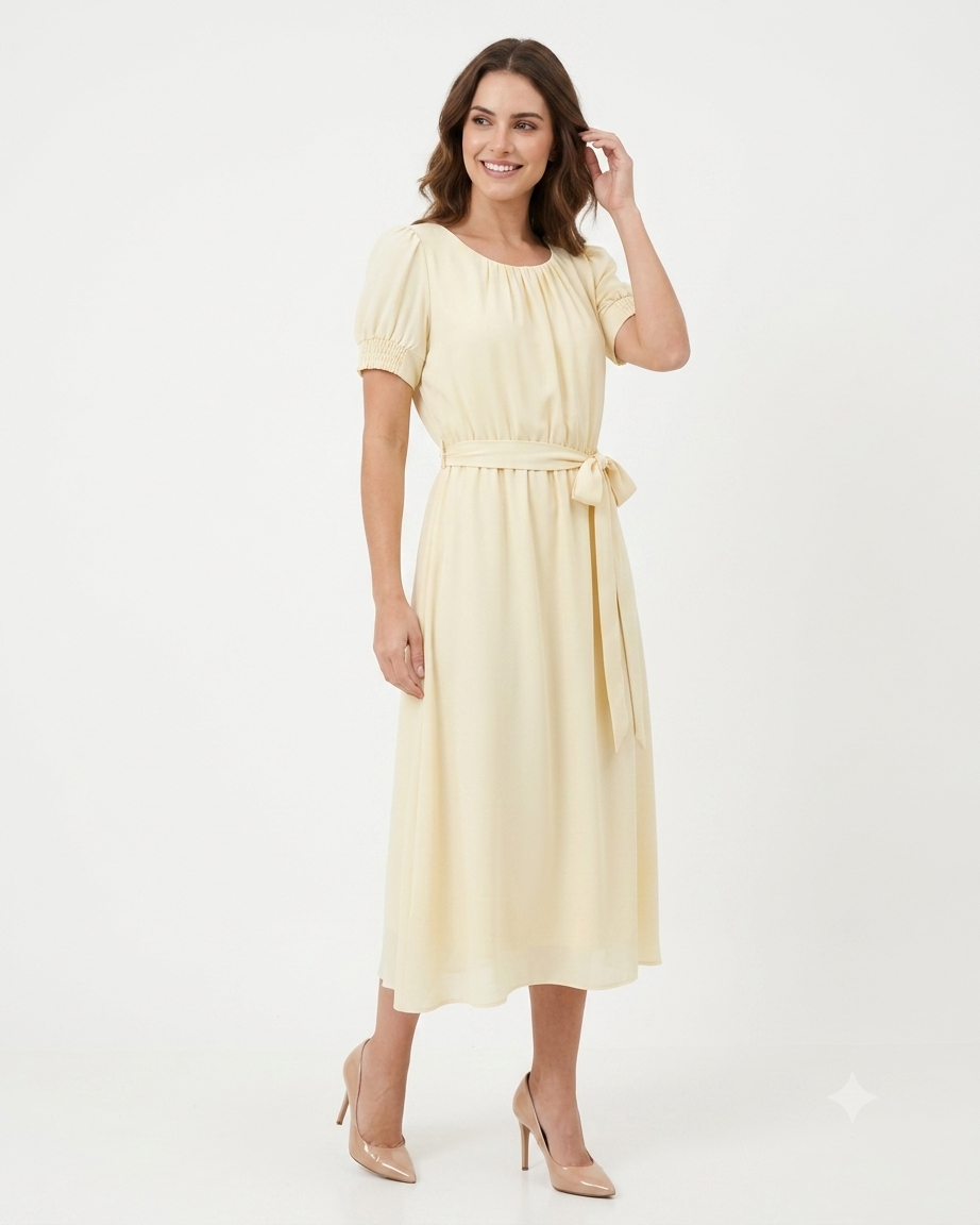 Vestido Com Manga Bufante E Detalhe Na Cintura 92630