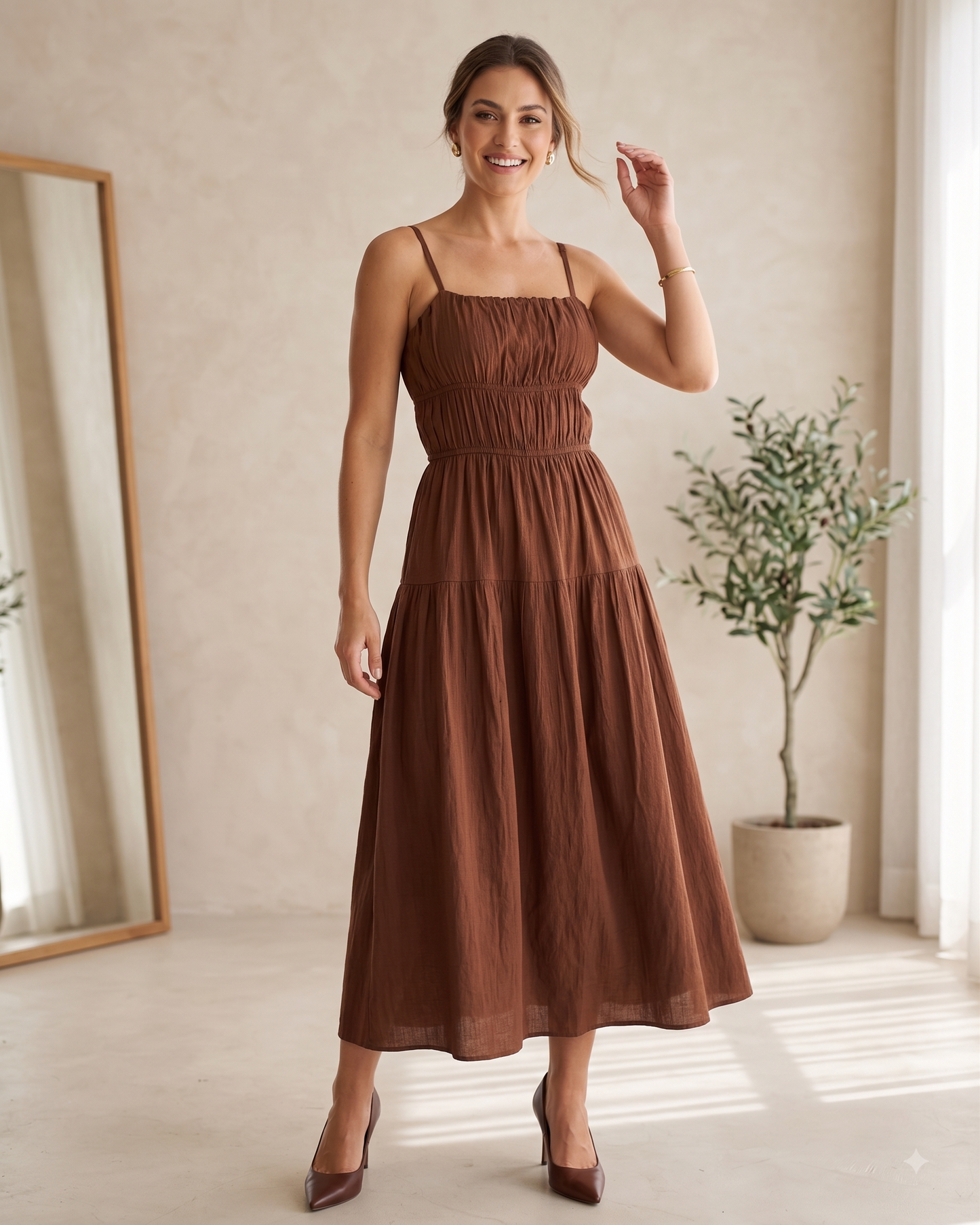 Vestido Midi Liso Alça Fina Com Detalhes De Franzido No Busto 92661