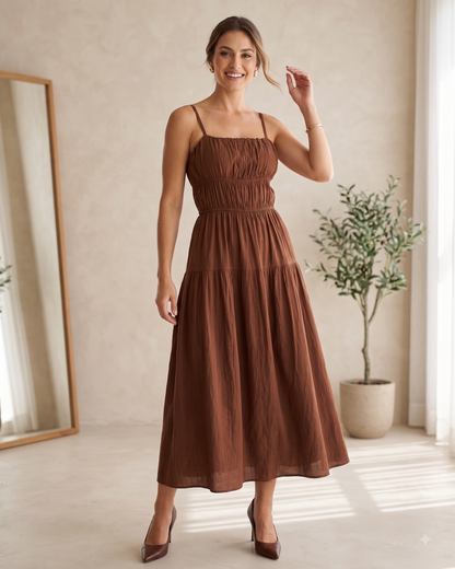 Vestido Midi Liso Alça Fina Com Detalhes De Franzido No Busto 92661