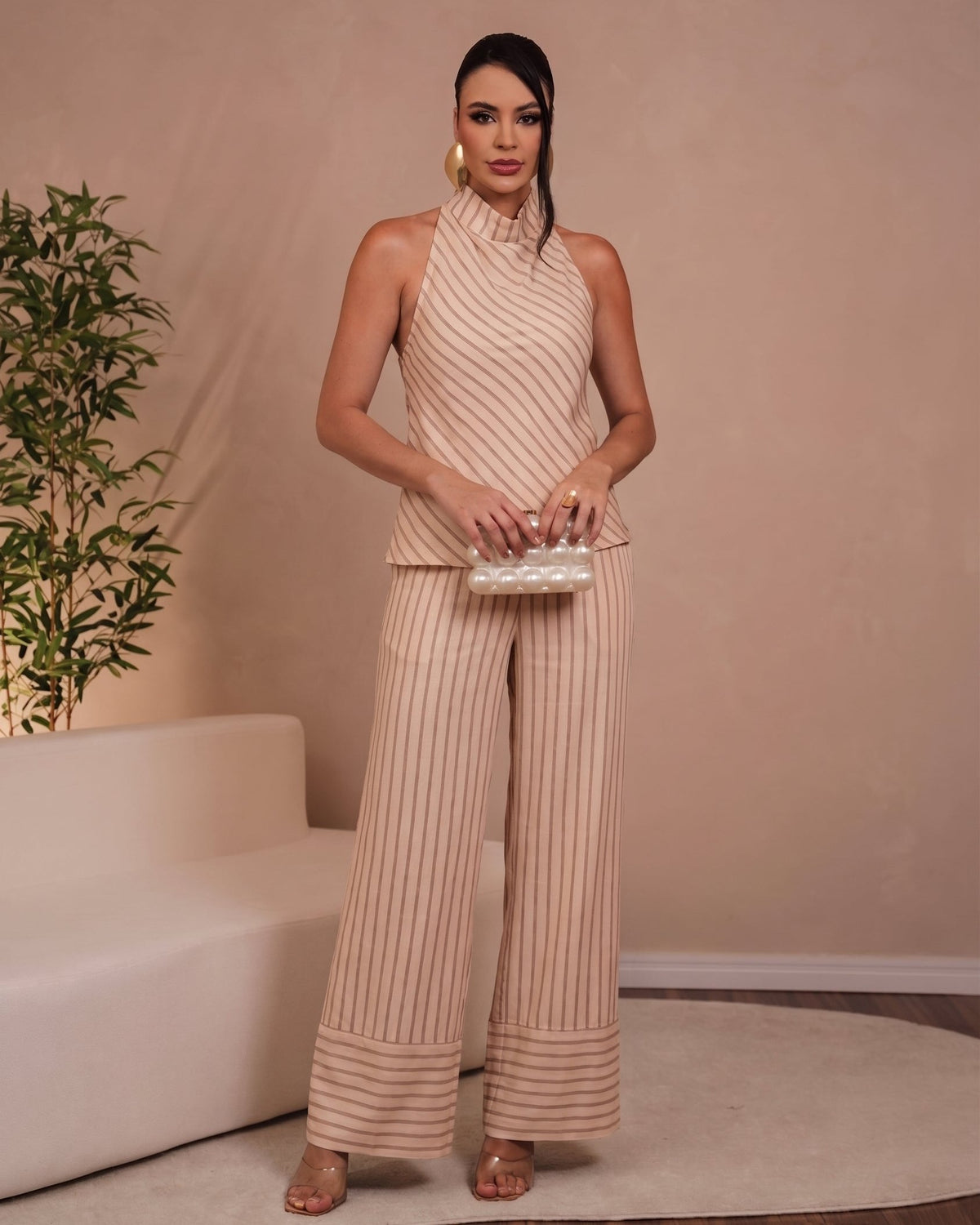 Calça De Viscose Listrada Com Elastico Nas Costas 30080