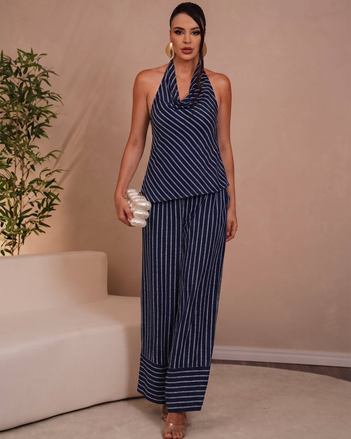 Calça De Viscose Listrada Com Elastico Nas Costas 30080