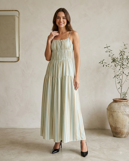 Vestido Midi Listrado Alça Fina Com Detalhes De Franzido No Busto 92660