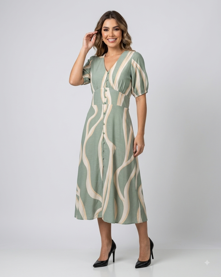 Vestido Midi Estampado Com Elastico Nas Costa 70286