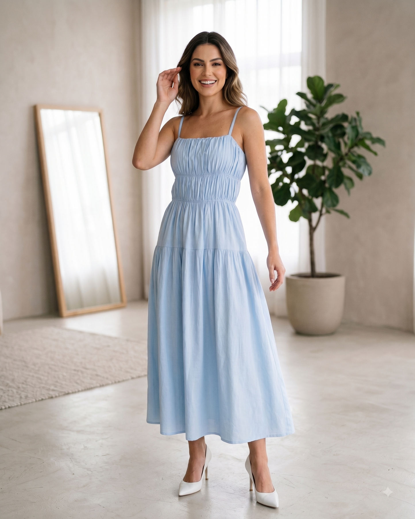Vestido Midi Liso Alça Fina Com Detalhes De Franzido No Busto 92661