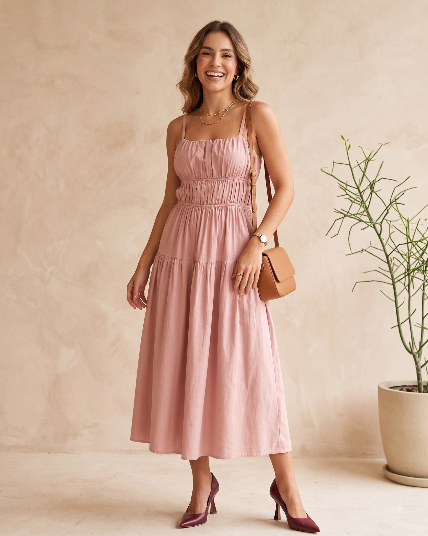 Vestido Midi Liso Alça Fina Com Detalhes De Franzido No Busto 92661