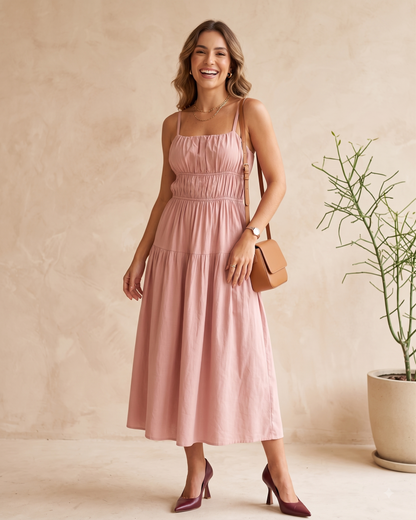 Vestido Midi Liso Alça Fina Com Detalhes De Franzido No Busto 92661