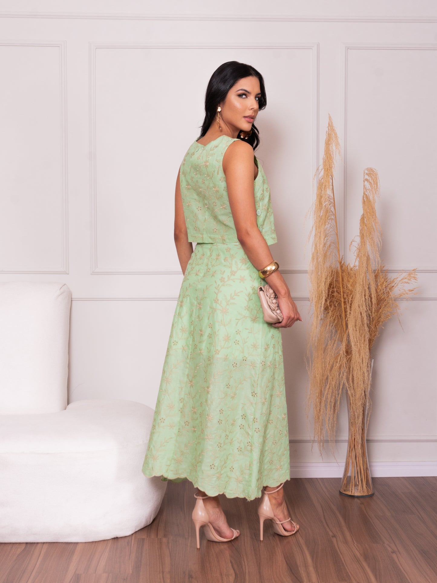 Conjunto Cropped e Saia de Algodão Bordado 90375