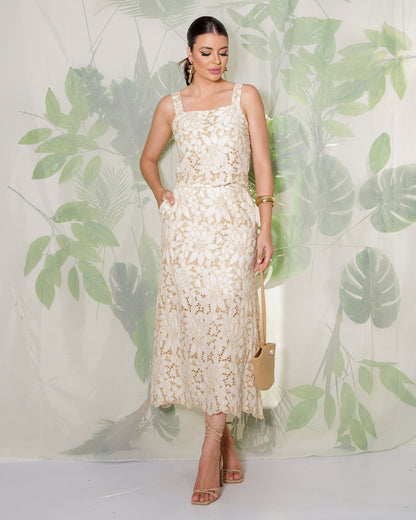 Conjunto Cropped e Saia de Linho Bordado 91080