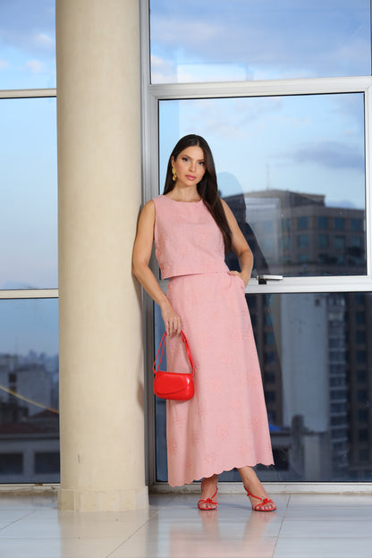 Conjunto Cropped e Saia De Linho Bordado 90373