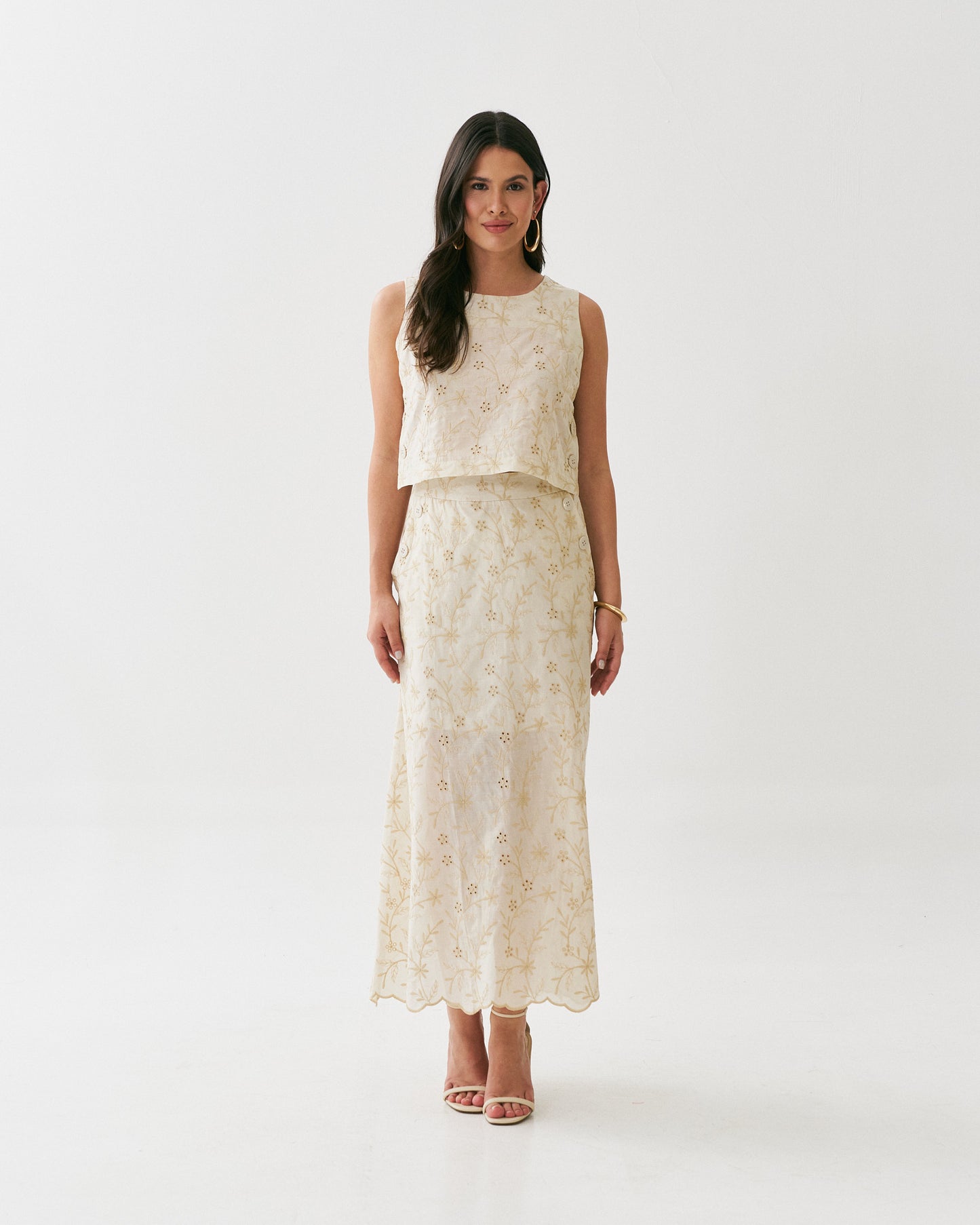 Conjunto Cropped e Saia de Algodão Bordado 90375