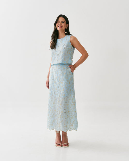 Conjunto Cropped e Saia de Algodão Bordado 90375