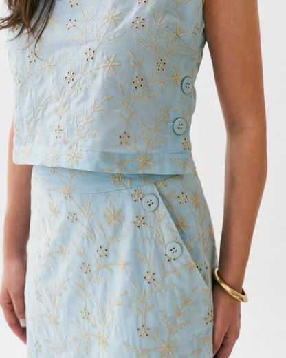 Conjunto Cropped e Saia de Algodão Bordado 90375